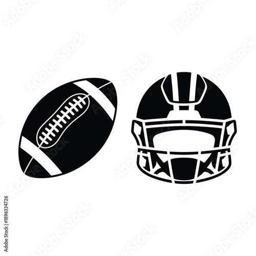 American football helmet and ball in a black and white vector graphic