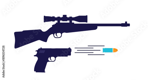 Silhouette of a rifle and handgun with a bullet in flight