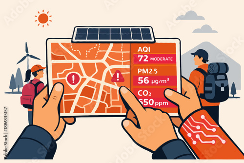 A smart environmental dashboard displaying real-time air quality indicators on a tablet with tourists and renewable energy sources in the background