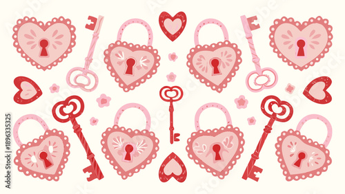 vector heart lock and key pattern, pink and red romantic design elements, for Valentine's Day background or overlay effect