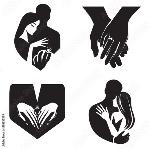 Romantic black and white silhouettes portraying love, proposal, and commitment moments