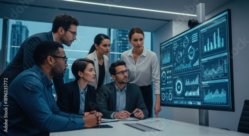 Team of Professionals Analyzing Data on Large Screen in Modern Office