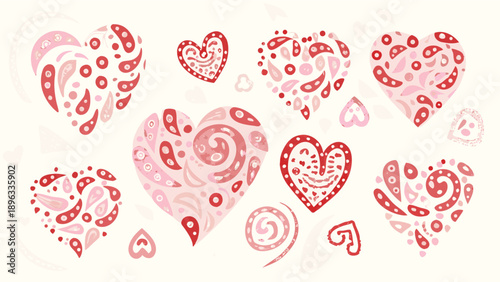 Vector pink and red heart shapes with swirls and dots, for Valentine's Day or love-themed banner, poster, or social media graphic, isolated on transparent background, png