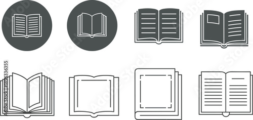 Minimal open book icon set in line art vector style representing education, knowledge, reading, library, and academic study concepts