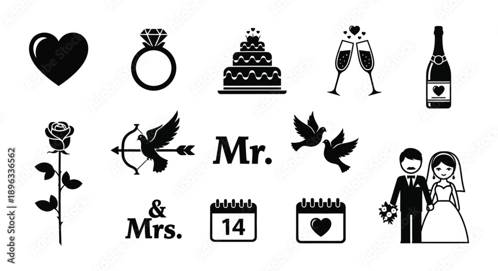 Fototapeta premium Collection of wedding icons and symbols in black and white