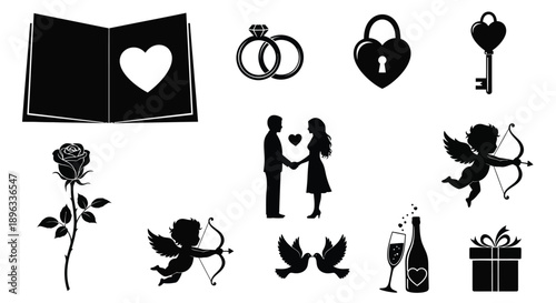 Collection of love and romance symbols in black and white