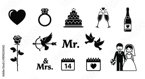 Collection of wedding icons and symbols in black and white