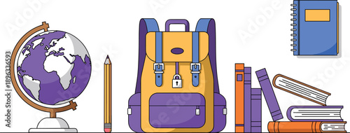 School education illustration with backpack books globe pencil and notebook representing learning study supplies isolated on white background vector style