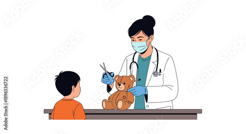 Illustration of a veterinarian examining a teddy bear with a young boy in a clinical setting.