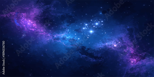 A vibrant abstract nebula creates a deep blue outer space background loop featuring bright stars and a swirling galaxy across a dark starry universe field