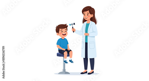 A female doctor examining a smiling young boy with an otoscope in a simple white background.