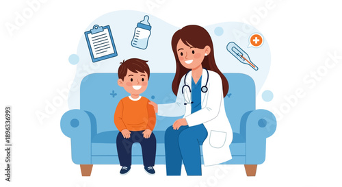 Illustration of a female doctor consulting a young boy on a blue couch with medical icons floating around.