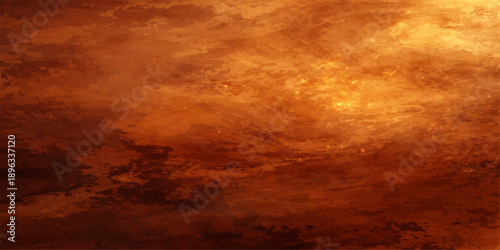 An abstract old grunge paper texture background blends with a beautiful orange sunset sky and fiery red clouds over a bright horizon at dusk