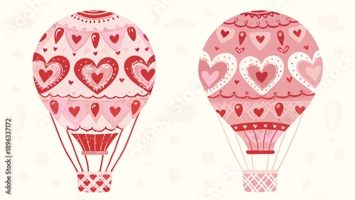 Vector hot air balloons with heart patterns, Valentine's Day icons, for greeting card or social media overlay, Isolated on transparent background, png