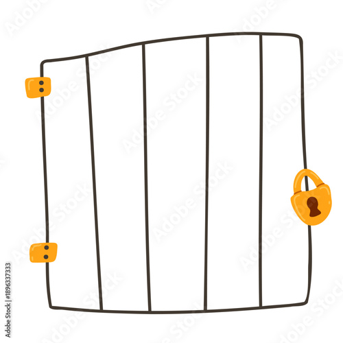 Vector prison cage with gold locker. Cartoon iron fence, iron bars. Hand drawn vector illustration isolated on white background. Single element for stickers, print, web, cafe