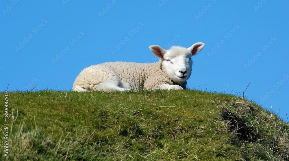 Fototapeta premium Sheep Lamb Resting on Green Hill Under Bright Blue Sky