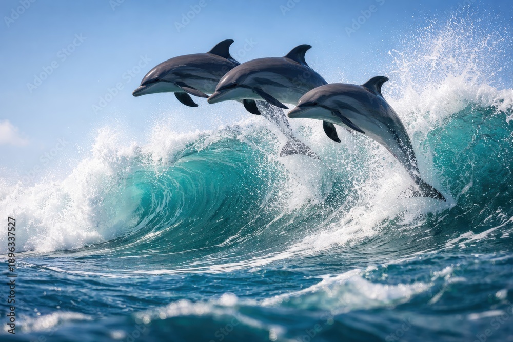 Naklejka premium Three dolphins leaping from ocean wave into blue sky with white clouds and bright sunshine