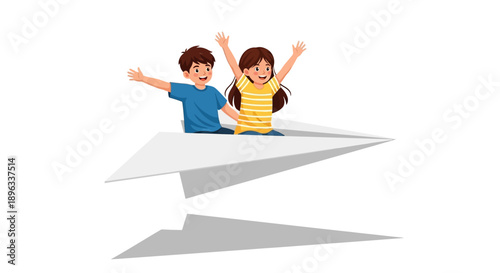 Two happy children sitting on a flying paper airplane with outstretched arms against a clean white background.