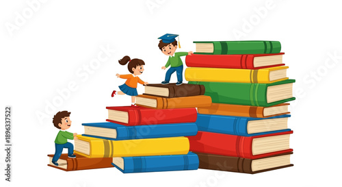 Illustration of children climbing a colorful stack of books on a white background