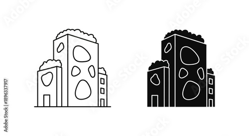 Stylized illustration of modern green buildings with organic rooftop gardens, promoting eco-friendly architecture and urban sustainability