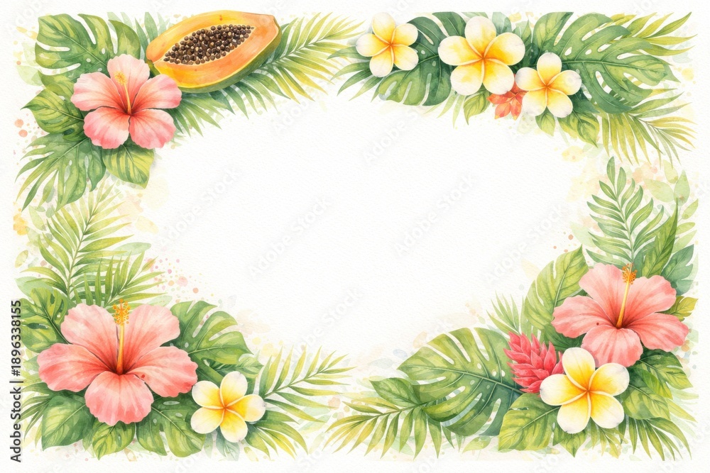 Fototapeta premium Tropical border with hibiscus flowers, palm leaves, plumeria, and papaya fruit