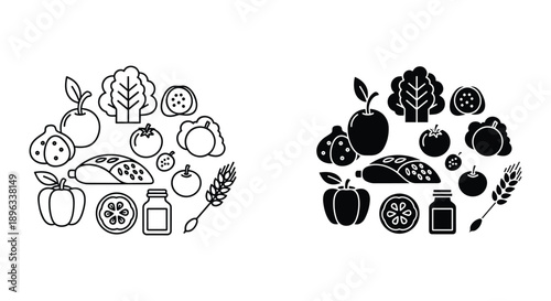 Healthy Food Icons Set with Fruits and Vegetables in Line Art and Solid Styles