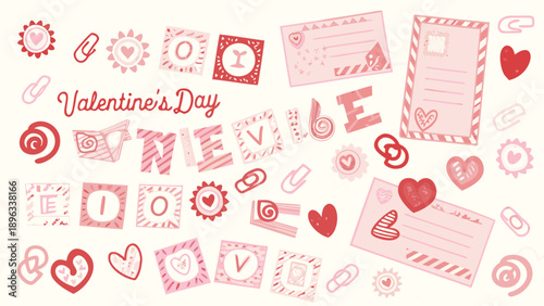 Love doodle sticker set, Valentine day cute hand drawn whimsical illustration, pink romantic print. February 14 holiday creative icon, heart, cherub, wedding ribbon bow. Bachelorette party love doodle