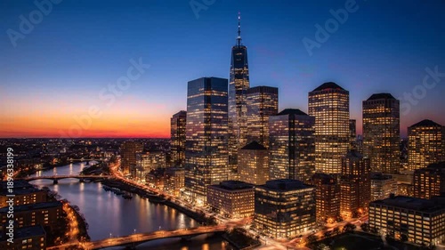 Modern city skyline at sunset with river and bridges