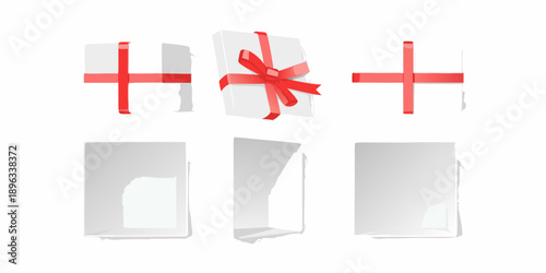 Exploded view of a gift box with a red ribbon showing components