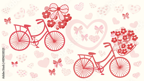 Vector romantic bicycle illustration with hearts and flowers, for Valentine's Day card or social media post, isolated on transparent background, png