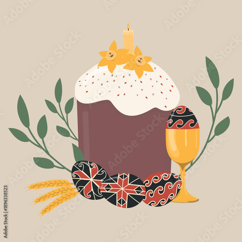 Easter cake and eggs with wheat and leaves. Vector illustration of Easter food social media feed template