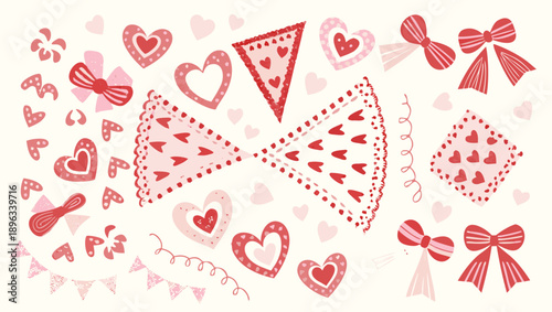 Valentine's Day pink and red heart icon collection. Includes hearts, bows, flags, and ribbons. Created in cute vector style with pastel color palette.