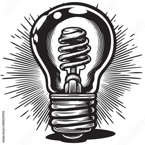 Black and white woodcut-style graphic of a classic incandescent lightbulb glowing with a modern energy-saving compact fluorescent bulb inside, emanating bright, radiant light lines