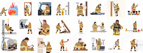 Firefighter Professional Roles Vector Illustration Set: Emergency Response, Rescue Operations, Safety Training, Equipment Maintenance, and Daily Duties.