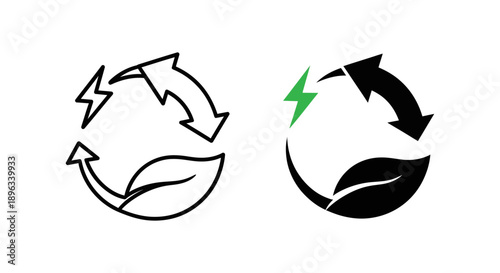 Eco Energy Cycle Icon: Rotating Arrows with Leaf and Lightning Bolt, Symbolizing Renewable Power and Sustainability
