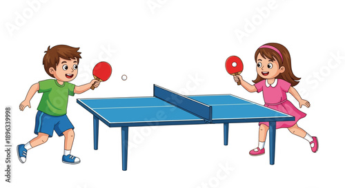 Cartoon illustration of a boy and girl playing table tennis with red paddles on a blue table