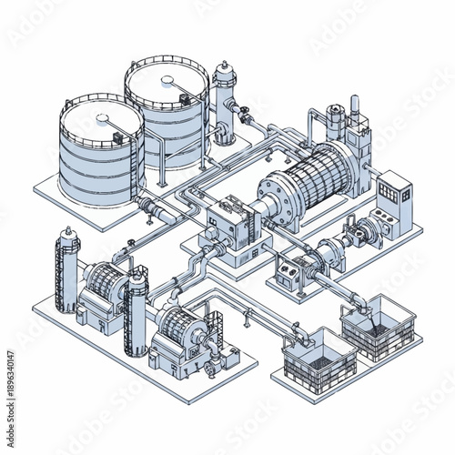 Detailed isometric blueprint of industrial processing plant with tanks and machinery.