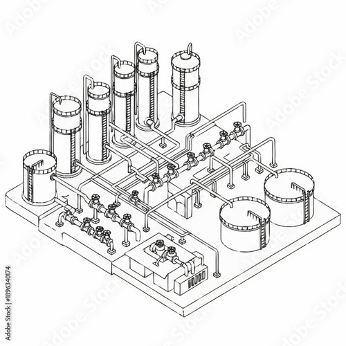 Detailed isometric line drawing of an industrial chemical processing plant.