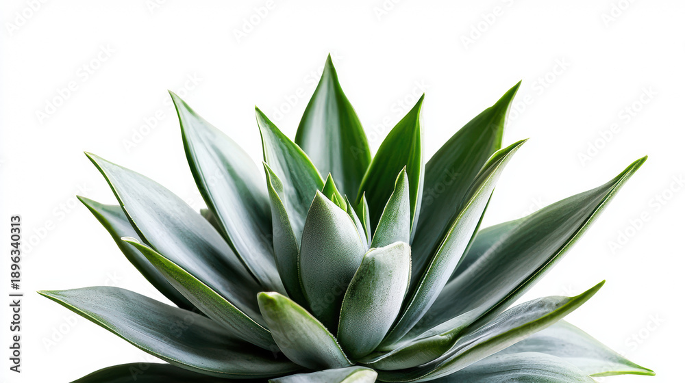 Fototapeta premium A stunning close-up shot showcases the intricate, pointed leaves of an agave plant, their pale green hues beautifully contrasted against a pristine white background.