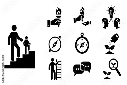 Professional mentorship and coaching shape - Black Mentor and Coaching Business Development Vector Icons Set