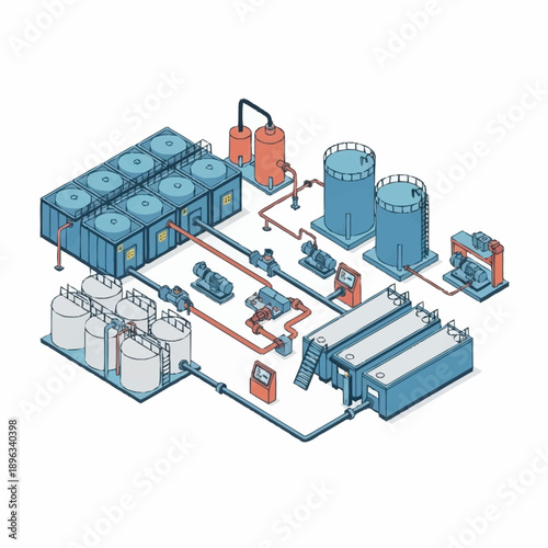 Industrial water treatment plant with tanks and pumps.
