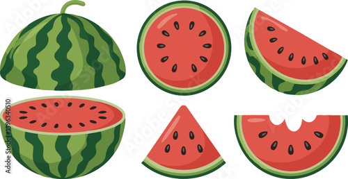 Watermelon summer fruit clipart set. Tropical fruit watermelon drawing in whole, slice and cut elements clip art collection vector illustration.