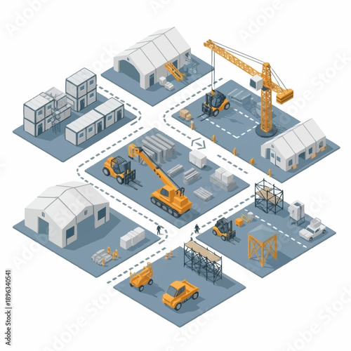 Isometric Construction Site with Temporary Structures and Heavy Machinery.