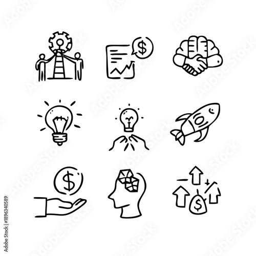 Hand-drawn startup business icons set for entrepreneurship and growth