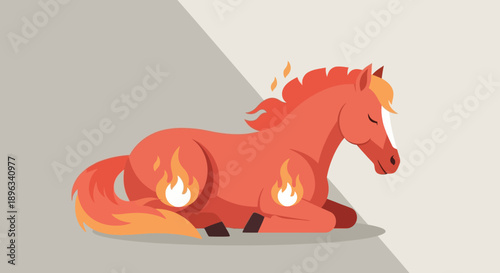 Vibrant illustration of a majestic horse with a fiery mane and body, embodying power, passion, and mystical energy, resting peacefully yet radiating inner strength and spirit