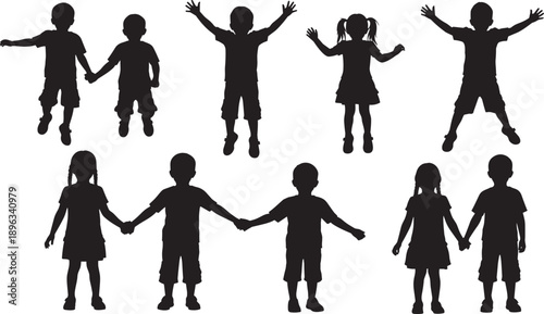 Silhouette collection of ten children in playful and social poses, featuring jumping excitement and hand-holding unity, symbolizing friendship, joy, group dynamics, and childhood interaction