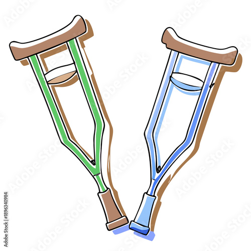 Two colorful crutches with wooden handles in a simple design  