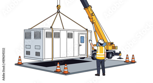 Illustration of a construction worker in a yellow vest operating a crane to lift a prefabricated modular building module onto a concrete foundation.