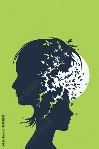 Green Woman Child Silhouettes White Leaf Hair Explosion White Sun Glow