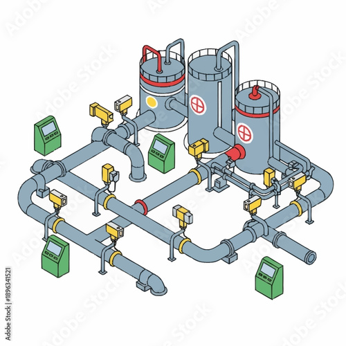 Isometric Industrial Pipeline System with Storage Tanks and Control Units.